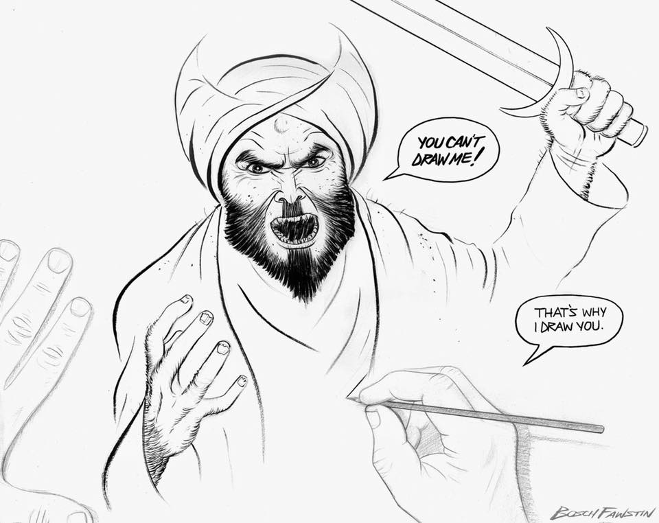 Cartoonist drawing Mohammed saying 'You can't draw me.'